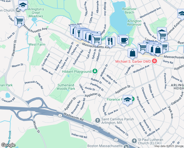 map of restaurants, bars, coffee shops, grocery stores, and more near 118 Rublee Street in Arlington