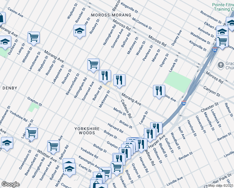 map of restaurants, bars, coffee shops, grocery stores, and more near 10620 Morang Avenue in Detroit
