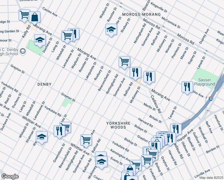 map of restaurants, bars, coffee shops, grocery stores, and more near 10901 Somerset Avenue in Detroit