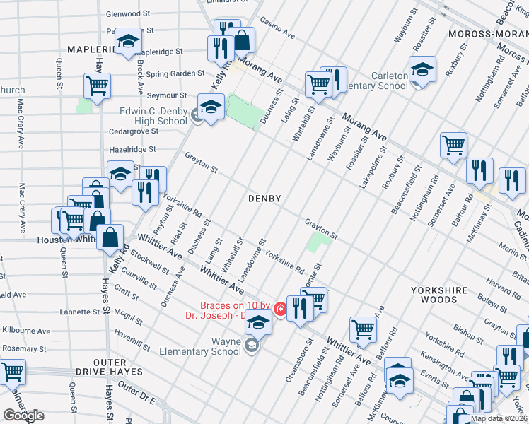 map of restaurants, bars, coffee shops, grocery stores, and more near 11550 Whitehill Street in Detroit