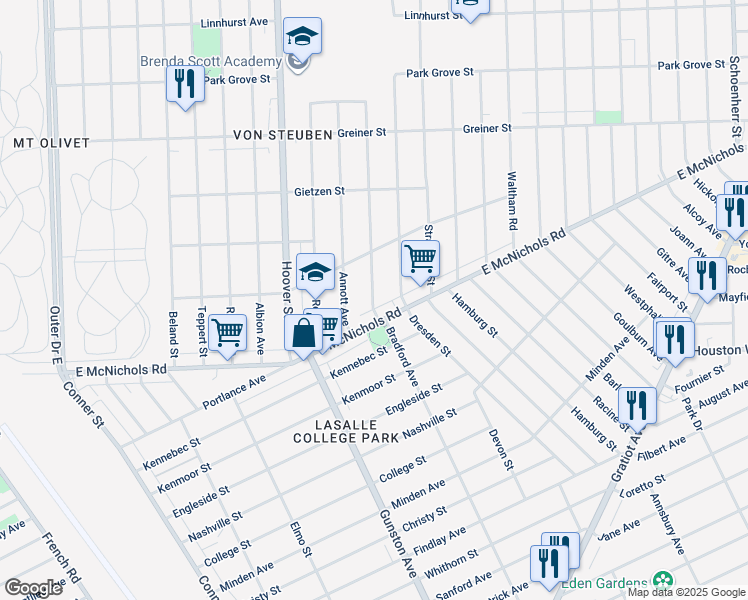 map of restaurants, bars, coffee shops, grocery stores, and more near 11931 East McNichols Road in Detroit