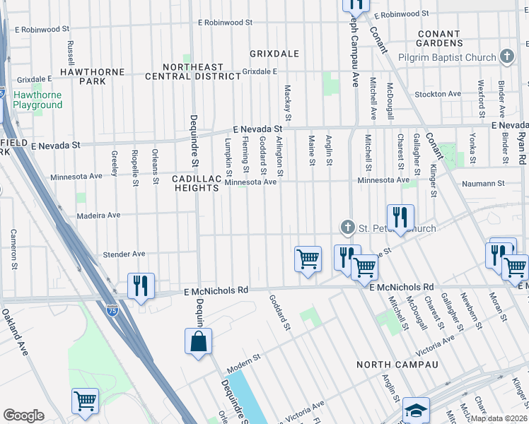 map of restaurants, bars, coffee shops, grocery stores, and more near 17432 Fleming Street in Detroit