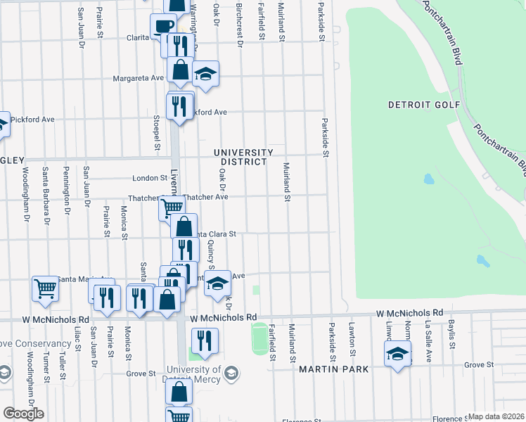 map of restaurants, bars, coffee shops, grocery stores, and more near 17537 Fairfield Street in Detroit