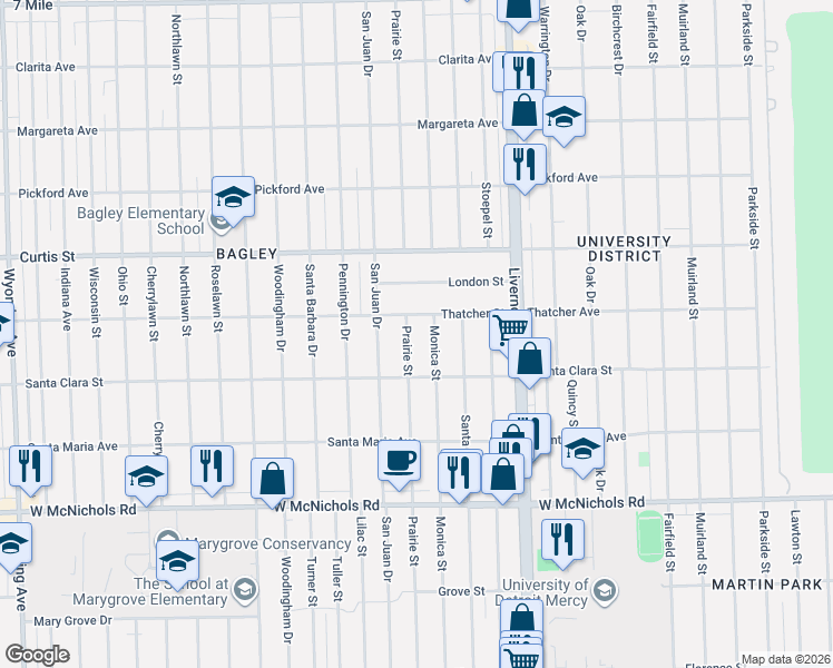 map of restaurants, bars, coffee shops, grocery stores, and more near 17550 Prairie Street in Detroit