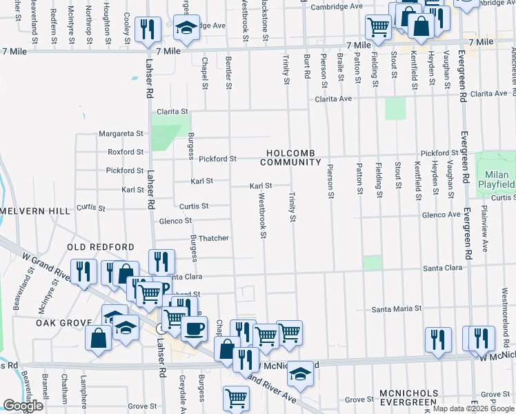 map of restaurants, bars, coffee shops, grocery stores, and more near 17685 Westbrook Street in Detroit
