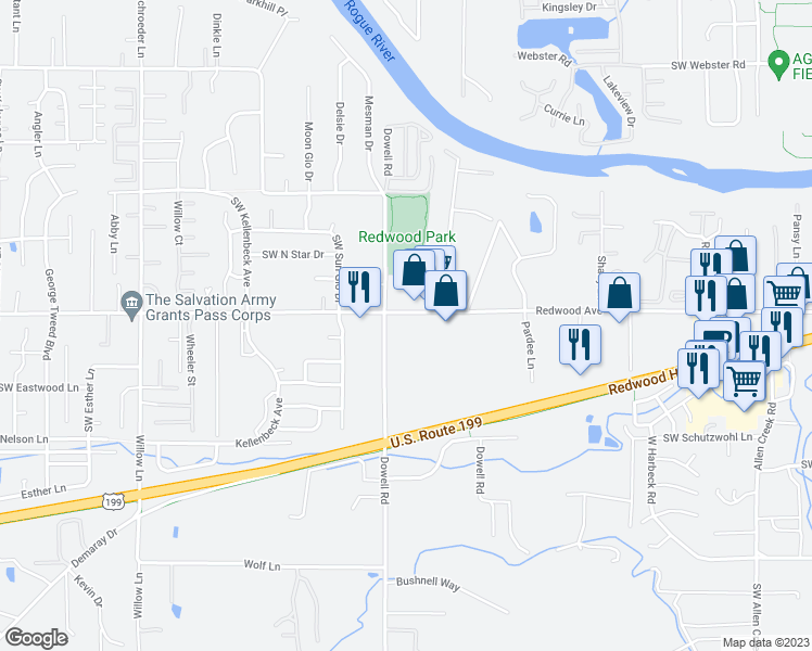 map of restaurants, bars, coffee shops, grocery stores, and more near 1951 Redwood Avenue in Grants Pass