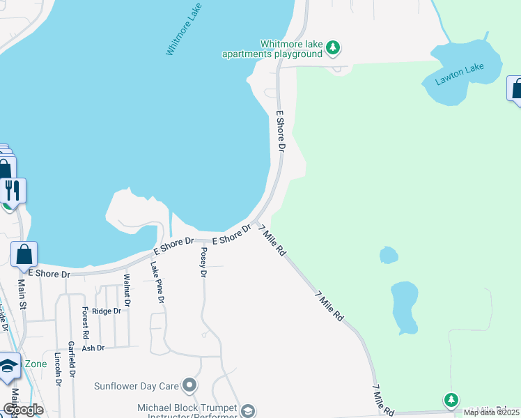map of restaurants, bars, coffee shops, grocery stores, and more near 421 East Shore Drive in Whitmore Lake