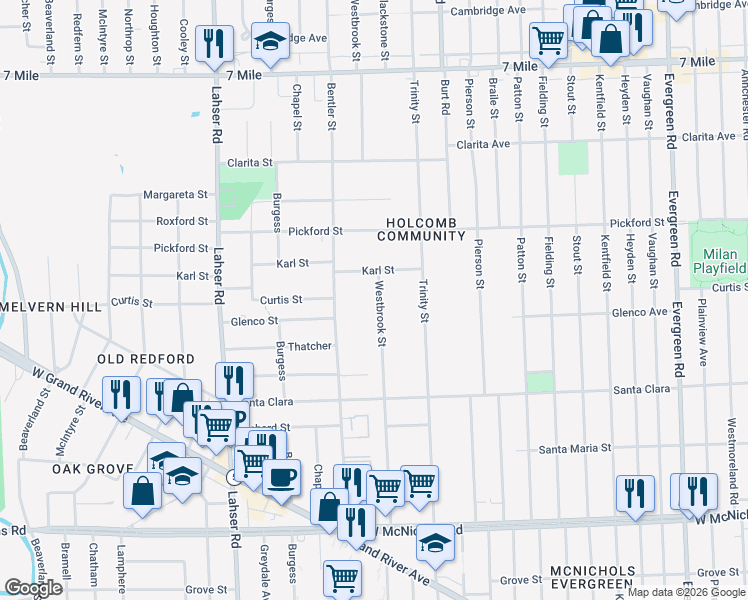 map of restaurants, bars, coffee shops, grocery stores, and more near 17685 Westbrook Street in Detroit