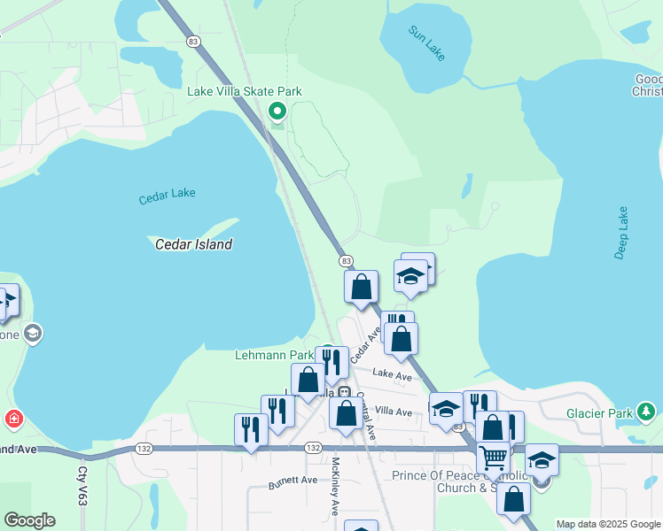 map of restaurants, bars, coffee shops, grocery stores, and more near 320 North Milwaukee Avenue in Lake Villa
