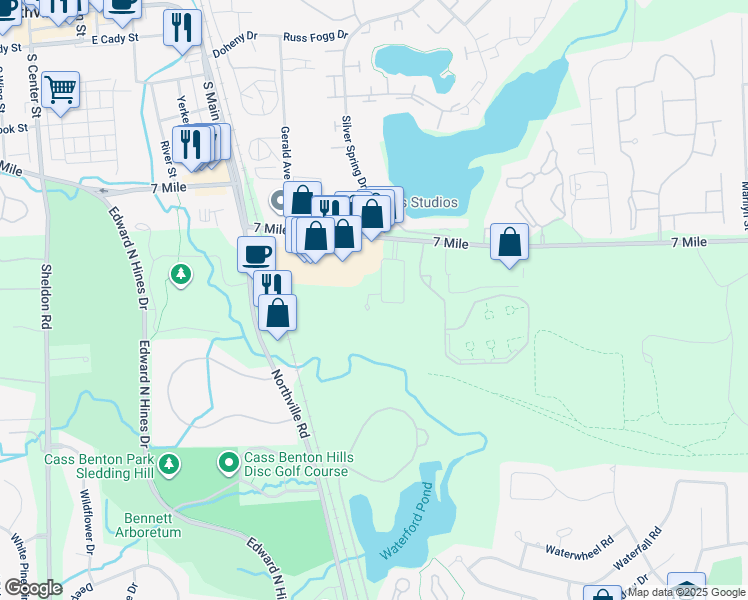 map of restaurants, bars, coffee shops, grocery stores, and more near 18716 Cumberland Court in Northville