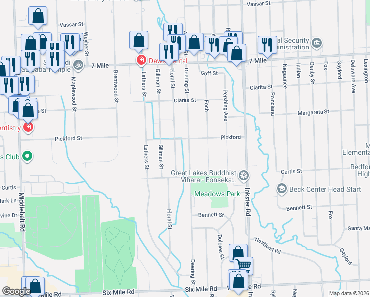 map of restaurants, bars, coffee shops, grocery stores, and more near 18280 Floral Street in Livonia