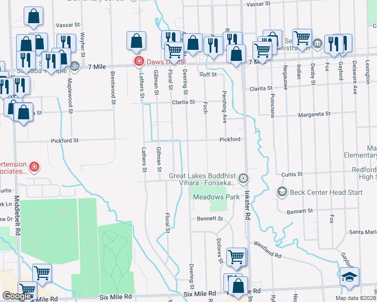 map of restaurants, bars, coffee shops, grocery stores, and more near 18244 Deering Street in Livonia