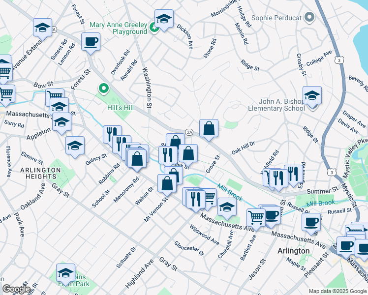 map of restaurants, bars, coffee shops, grocery stores, and more near 12 Brattle Drive in Arlington