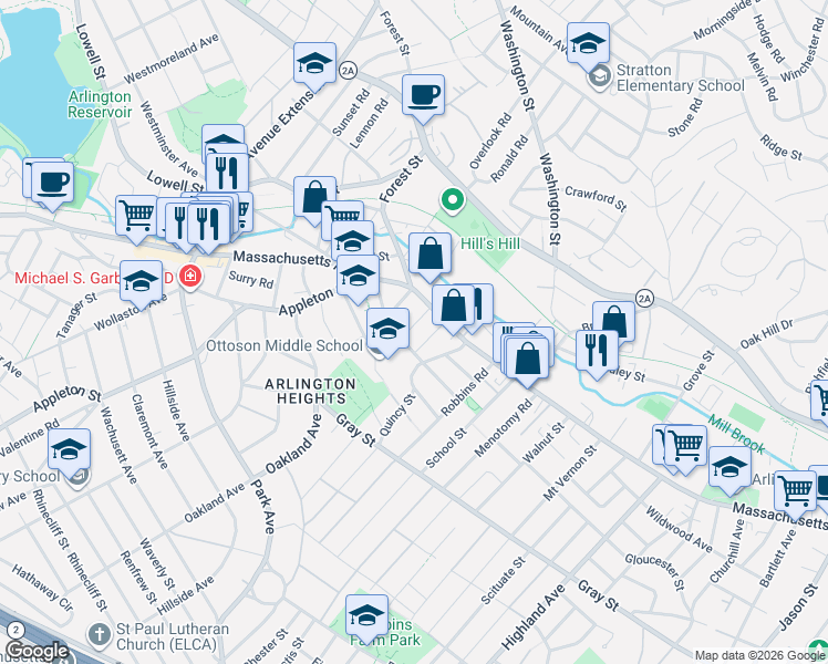 map of restaurants, bars, coffee shops, grocery stores, and more near 36 Appleton Place in Arlington