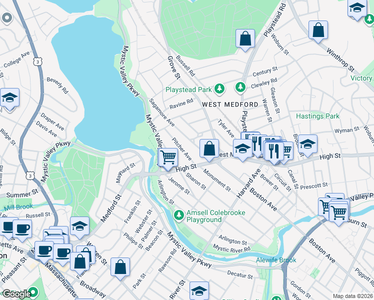 map of restaurants, bars, coffee shops, grocery stores, and more near 27 Pitcher Avenue in Medford