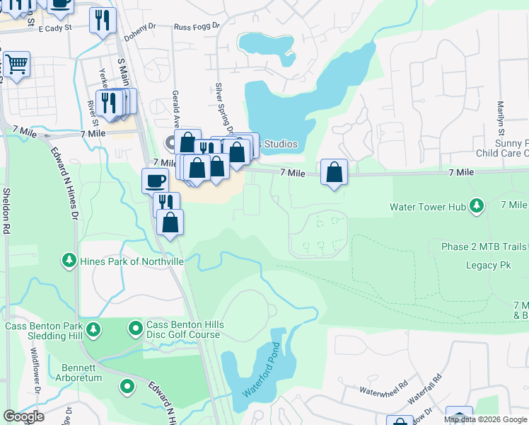 map of restaurants, bars, coffee shops, grocery stores, and more near 19015 Denali Circle in Northville