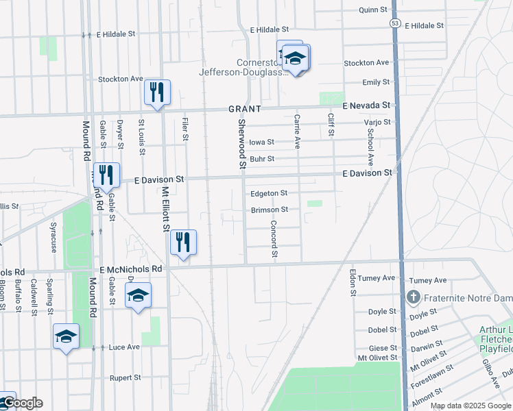 map of restaurants, bars, coffee shops, grocery stores, and more near 6738 Brimson Street in Hamtramck