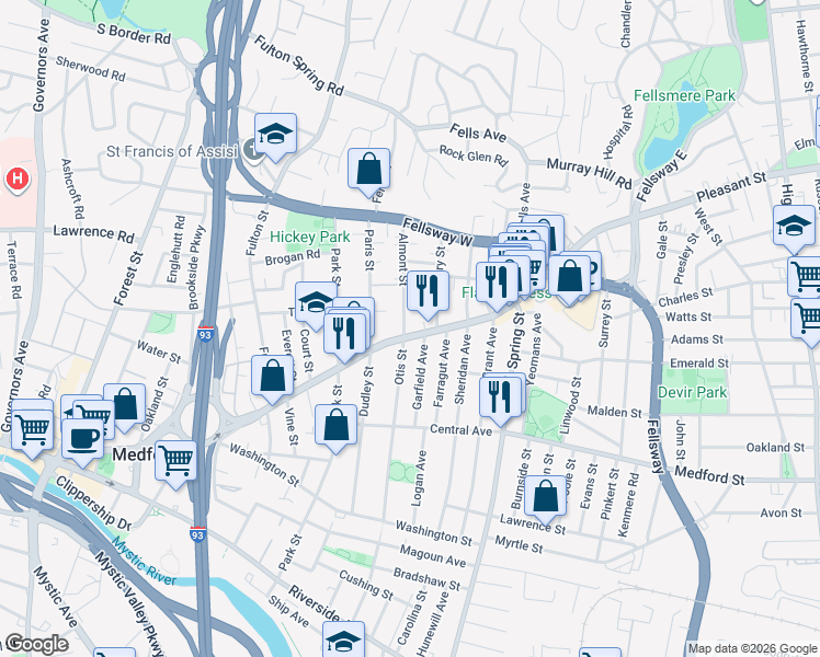 map of restaurants, bars, coffee shops, grocery stores, and more near in Medford