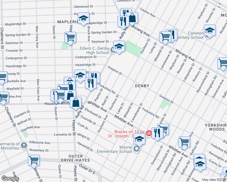 map of restaurants, bars, coffee shops, grocery stores, and more near 11625 Duchess Street in Detroit