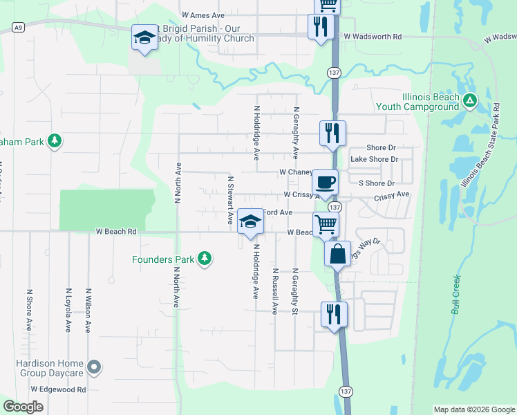 map of restaurants, bars, coffee shops, grocery stores, and more near 10279 West Ford Avenue in Beach Park
