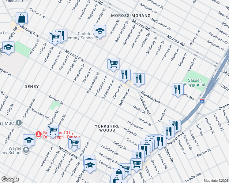 map of restaurants, bars, coffee shops, grocery stores, and more near 10835 Balfour Road in Detroit
