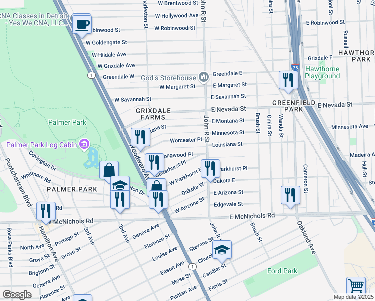 map of restaurants, bars, coffee shops, grocery stores, and more near 63 Cedarhurst Place in Detroit