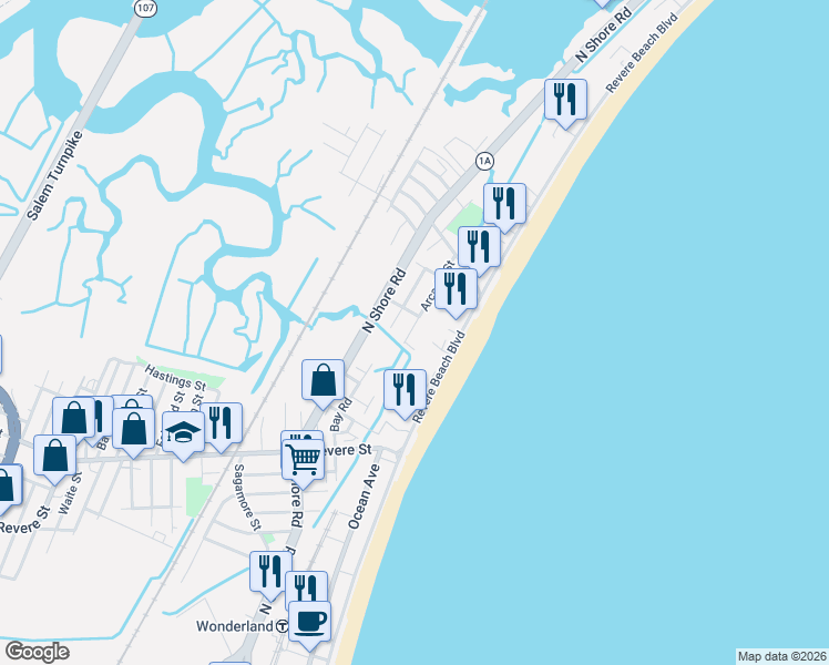 map of restaurants, bars, coffee shops, grocery stores, and more near 90 Arcadia Street in Revere