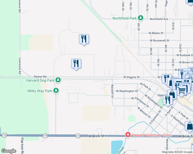 map of restaurants, bars, coffee shops, grocery stores, and more near 22229 Ramer Road in Harvard