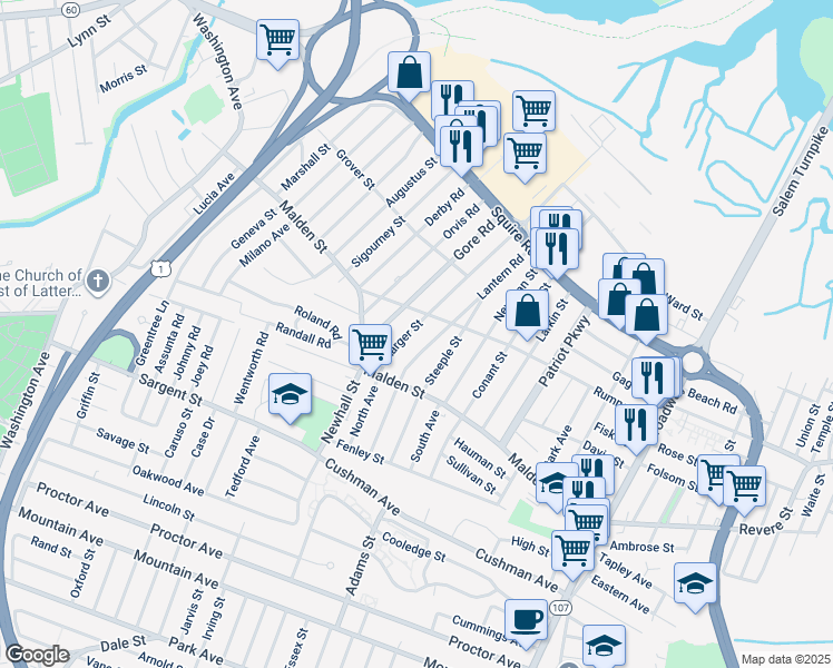 map of restaurants, bars, coffee shops, grocery stores, and more near 41 Lantern Road in Revere