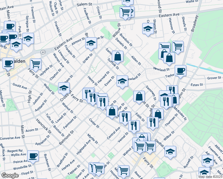 map of restaurants, bars, coffee shops, grocery stores, and more near 69 Rich Street in Everett