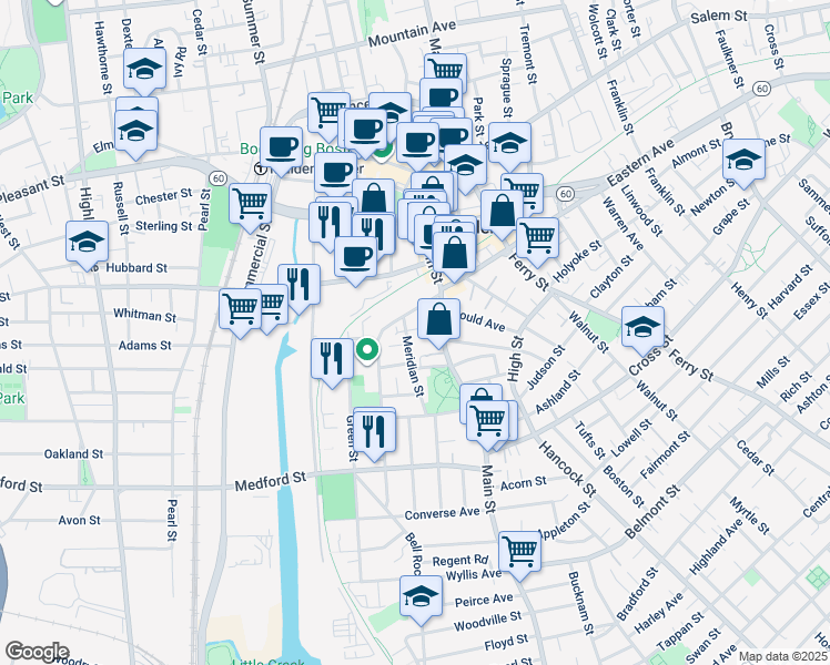 map of restaurants, bars, coffee shops, grocery stores, and more near 29 Meridian Street in Malden