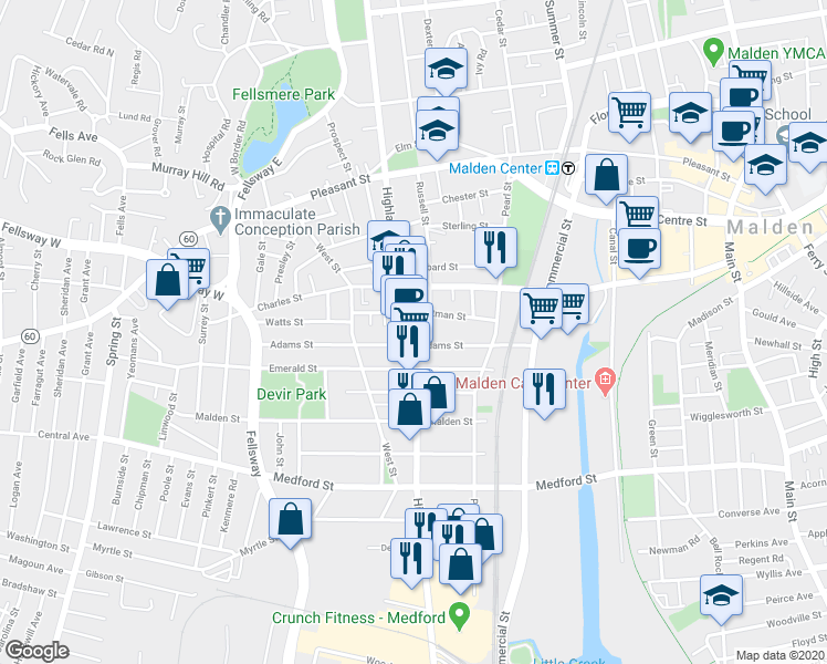 map of restaurants, bars, coffee shops, grocery stores, and more near 238 Highland Avenue in Malden