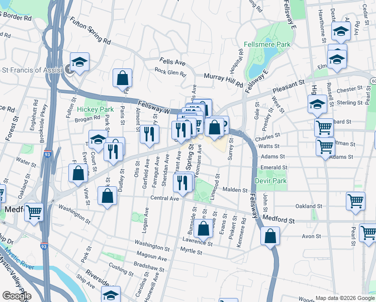 map of restaurants, bars, coffee shops, grocery stores, and more near 125 Grant Avenue in Medford