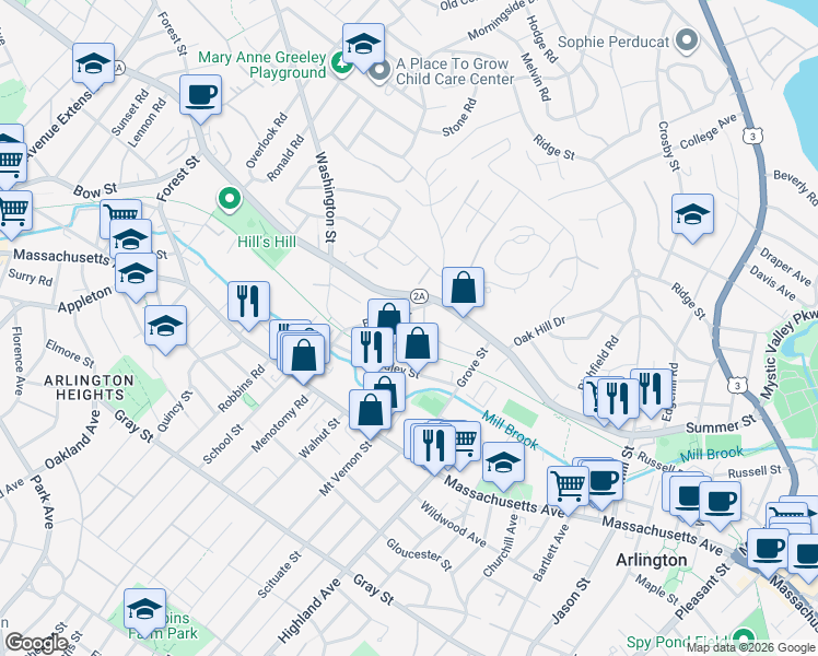 map of restaurants, bars, coffee shops, grocery stores, and more near 11 Brattle Drive in Arlington