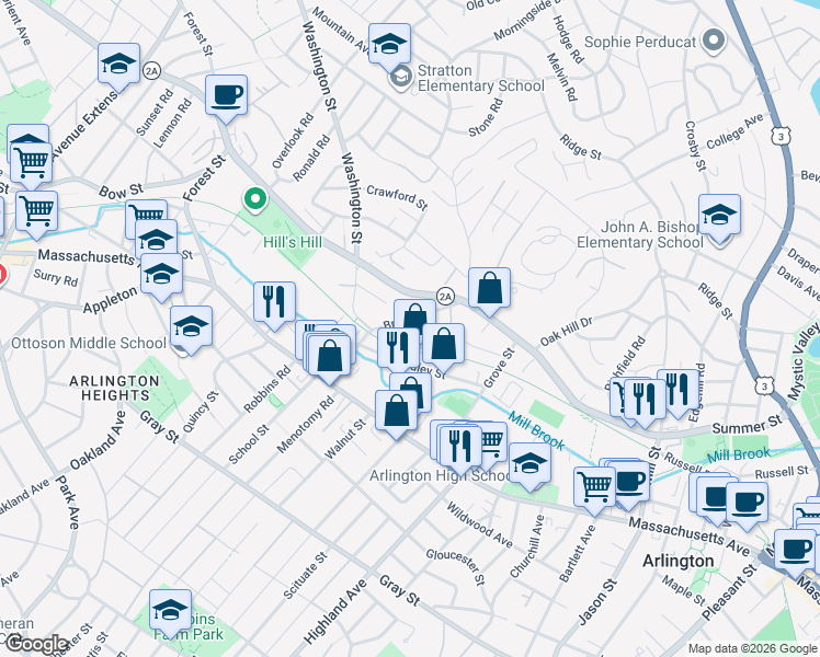 map of restaurants, bars, coffee shops, grocery stores, and more near 61 Dudley Street in Arlington