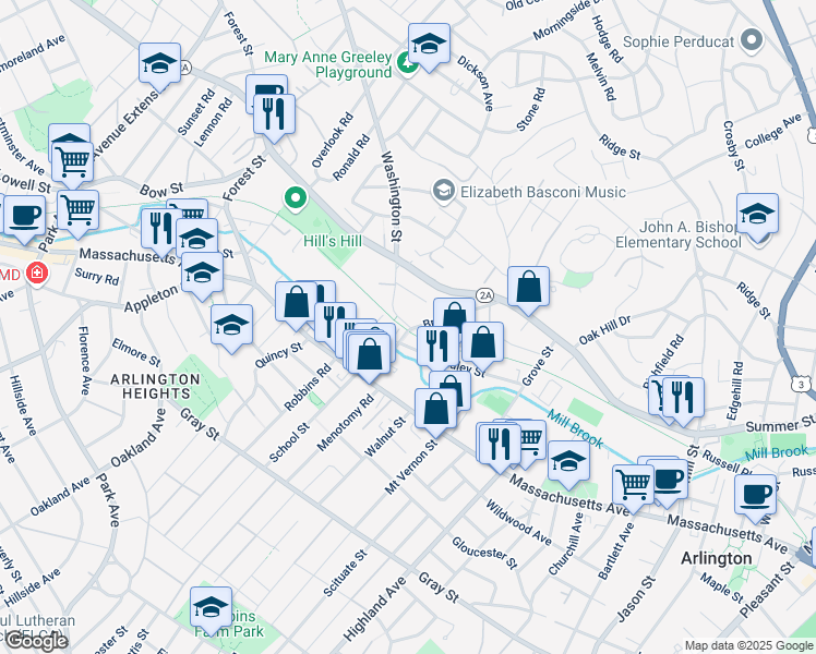 map of restaurants, bars, coffee shops, grocery stores, and more near 22 Brattle Street in Arlington