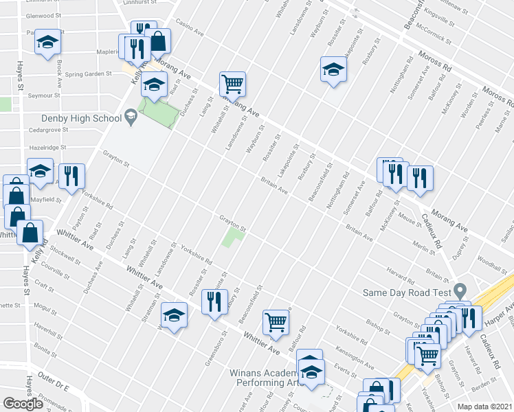 map of restaurants, bars, coffee shops, grocery stores, and more near 11260 Lakepointe Street in Detroit
