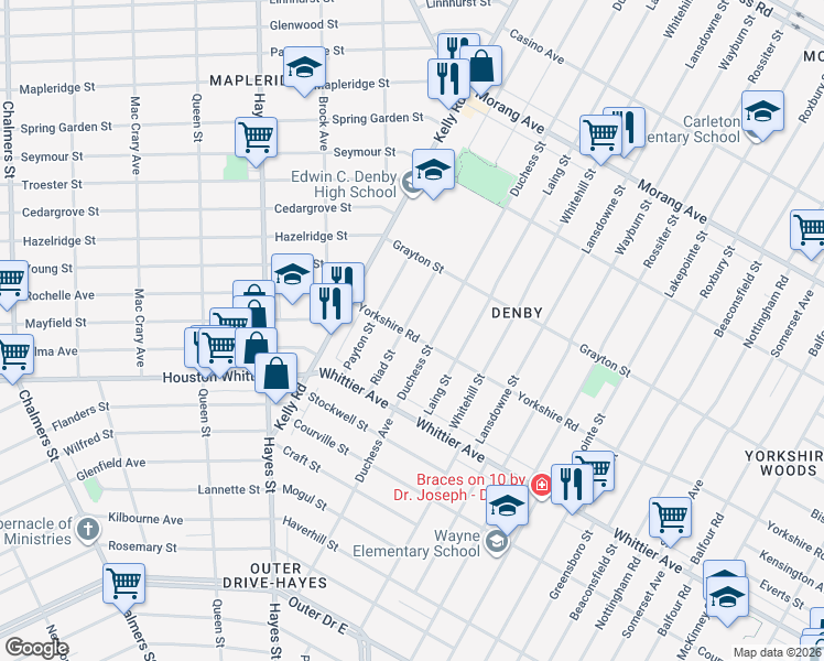 map of restaurants, bars, coffee shops, grocery stores, and more near 11625 Duchess Street in Detroit