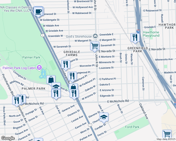map of restaurants, bars, coffee shops, grocery stores, and more near 63 Cedarhurst Place in Detroit
