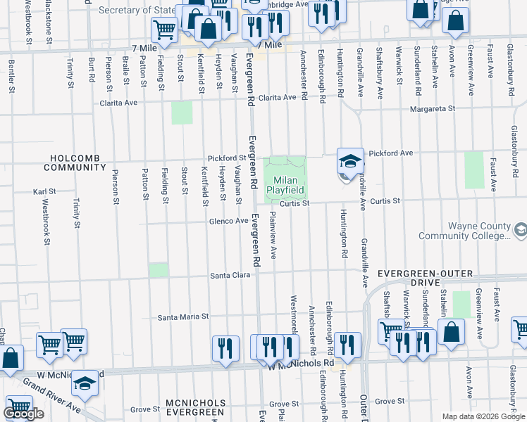map of restaurants, bars, coffee shops, grocery stores, and more near 17656 Evergreen Road in Detroit