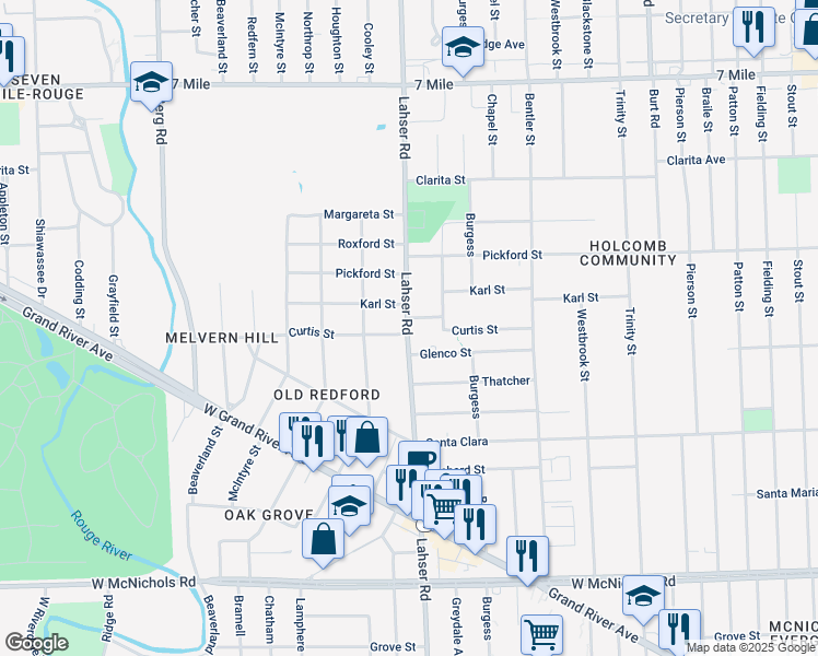 map of restaurants, bars, coffee shops, grocery stores, and more near 18106 Lahser Road in Detroit