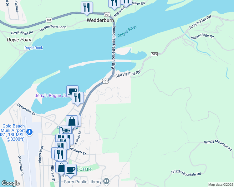 map of restaurants, bars, coffee shops, grocery stores, and more near 29990 Rogue View Lane in Gold Beach