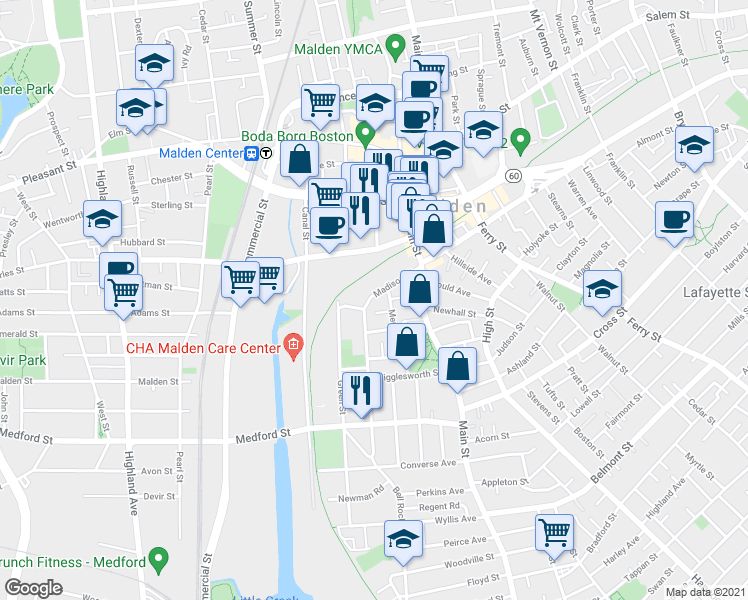 map of restaurants, bars, coffee shops, grocery stores, and more near 60 Madison Street in Malden