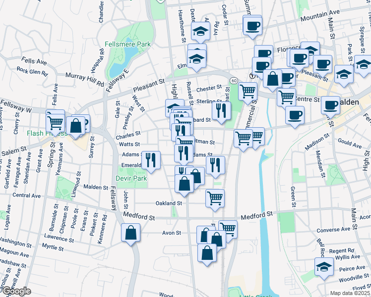 map of restaurants, bars, coffee shops, grocery stores, and more near 238 Highland Avenue in Malden