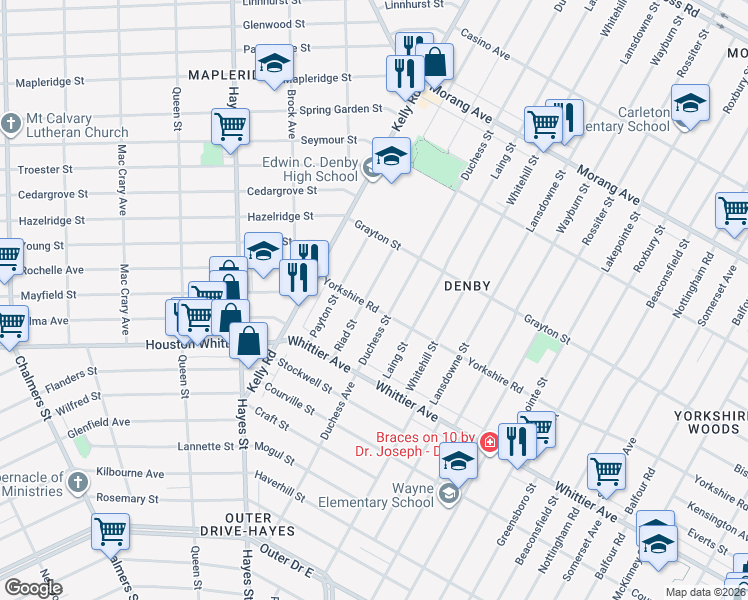 map of restaurants, bars, coffee shops, grocery stores, and more near 11625 Duchess Street in Detroit