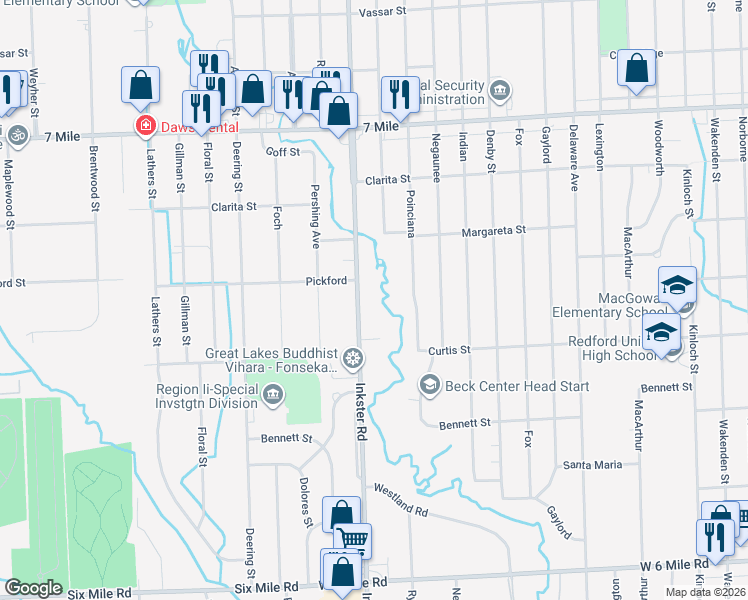 map of restaurants, bars, coffee shops, grocery stores, and more near 18279 Inkster Road in Livonia