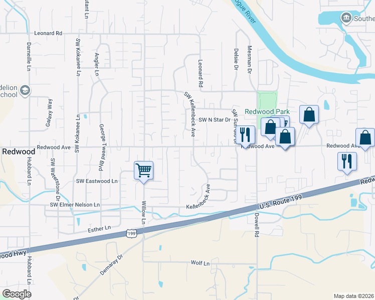 map of restaurants, bars, coffee shops, grocery stores, and more near 1625 Medart Lane in Grants Pass