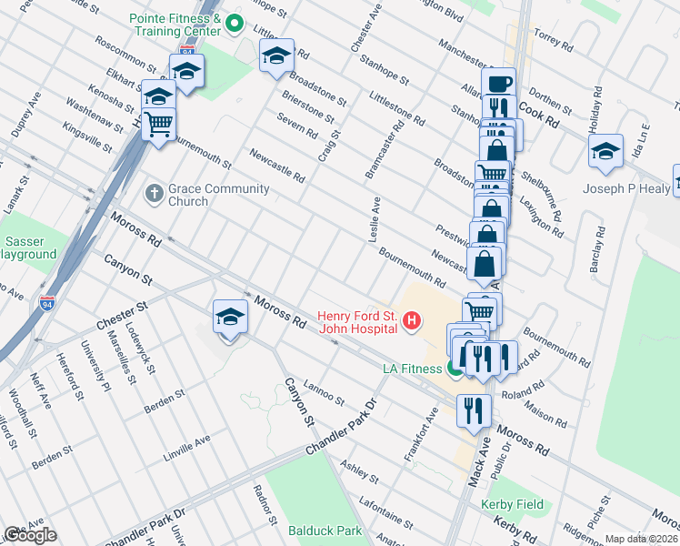 map of restaurants, bars, coffee shops, grocery stores, and more near 21792 Kingsville Street in Harper Woods