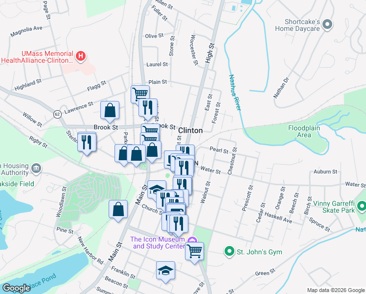 map of restaurants, bars, coffee shops, grocery stores, and more near 370 High Street in Clinton