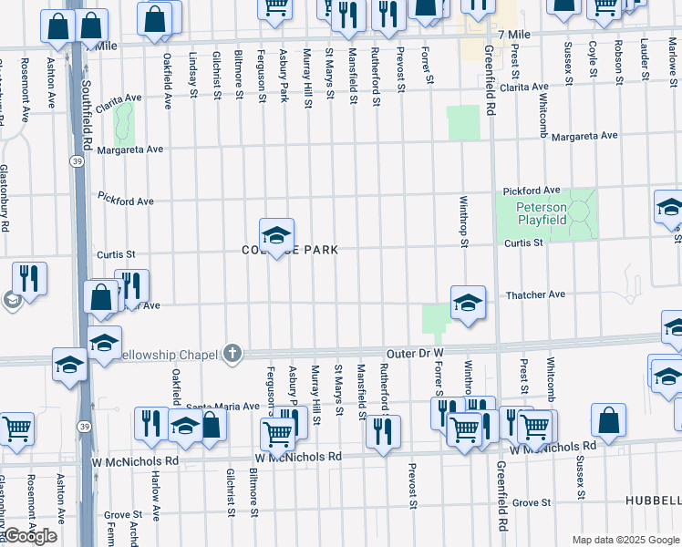map of restaurants, bars, coffee shops, grocery stores, and more near 18070 Saint Marys Street in Detroit